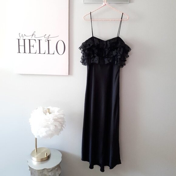 NWT Zara black satin-like maxi slip-like long dress w/ sheer ruffled accents, M - Picture 3 of 10